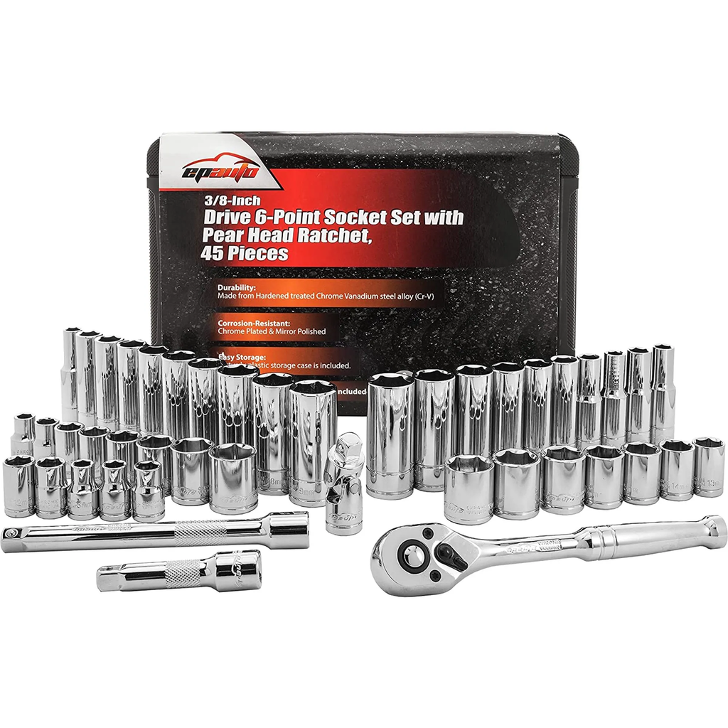 45 Pieces 3/8" Drive Socket Set with Pear Head Ratchet