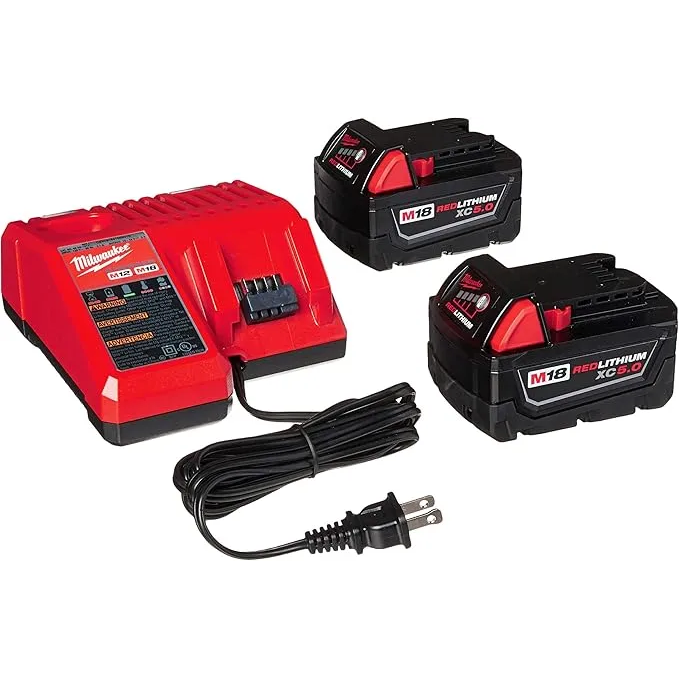Milwaukee 48-59-1850 M18 Red Lithium XC 5.0 Ah Batteries (2) + 48-59-1812 M12 and M18 Multi Voltage Charger kit